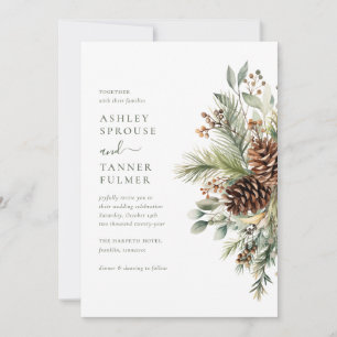 Elegant Winter Pine Greenery QR Code Photo Wedding Invitation