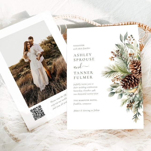 Elegant Winter Pine Greenery QR Code Photo Wedding Invitation (Creator Uploaded)