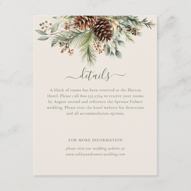 Elegant Winter Pine Greenery Wedding Details Enclosure Card (Front)