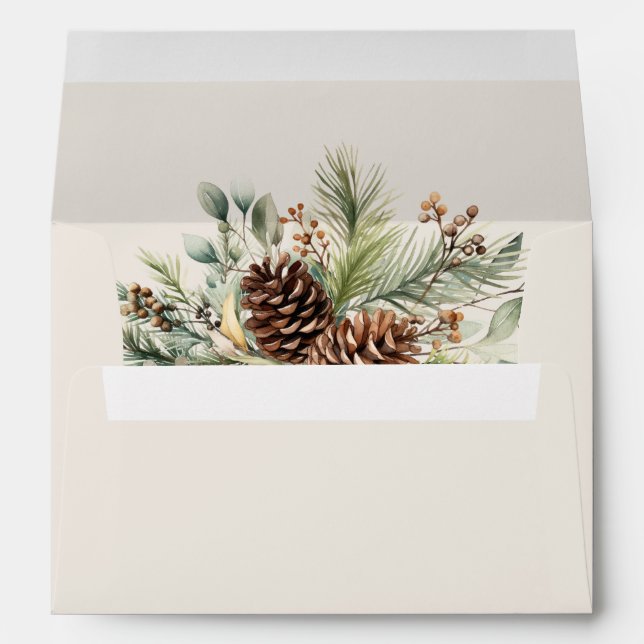 Elegant Winter Pine Greenery Wedding Envelope (Back (Bottom))