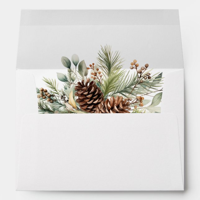 Elegant Winter Pine Greenery Wedding Envelope (Back (Bottom))