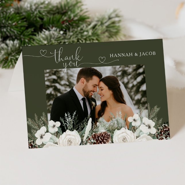 Elegant Winter Pine Photo Wedding Thank You Card (Creator Uploaded)
