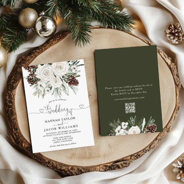 Elegant Winter Pine QR Code RSVP Wedding Invitation (Creator Uploaded)