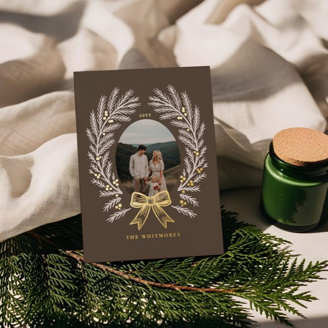 Elegant Winter Pine Tree Wreath Bow Photo Frame (Elegant Winter Pine Tree Wreath Bow Photo Frame Foil Holiday Card)
