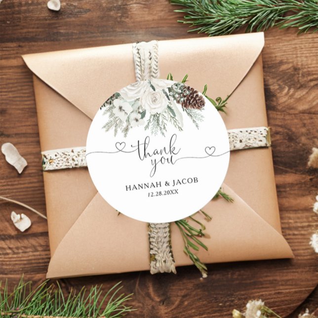 Elegant Winter Pine Wedding Thank You Favour Classic Round Sticker (Creator Uploaded)