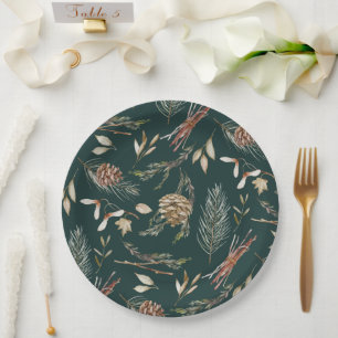 Elegant Winter Pinecones and Evergreen Paper Plate