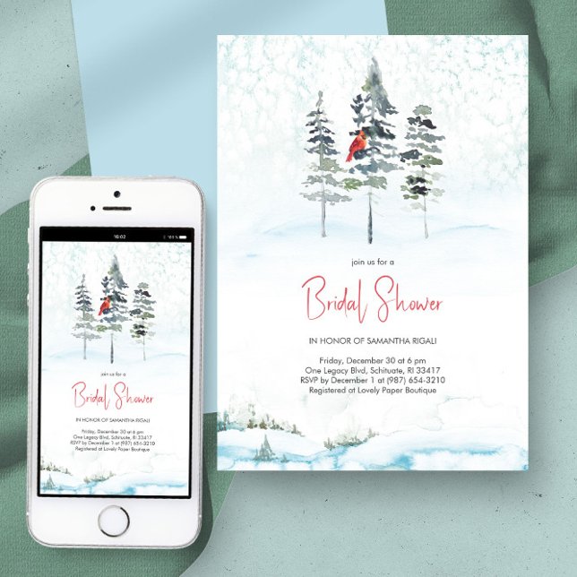 Elegant Winter Pines Christmas Bridal Shower Invitation (Bridal shower invitations watercolor winter pine trees and snow in blue)