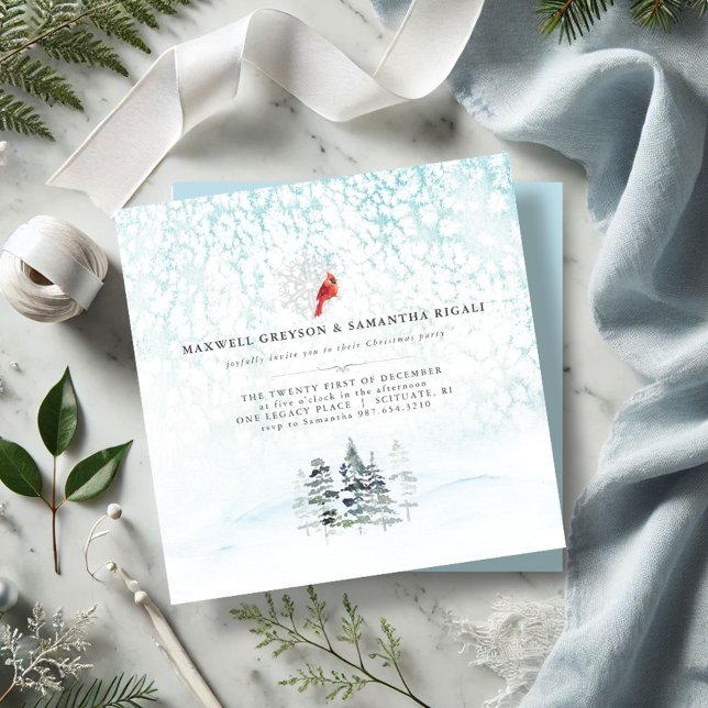 Elegant Winter Pines Christmas Party Invitation (Christmas party invitations watercolor pine trees red cardinal wintery scene minimalistic)