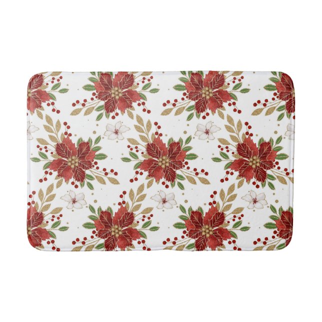 Elegant Winter Poinsettia Floral Pattern Bath Mat (Front)