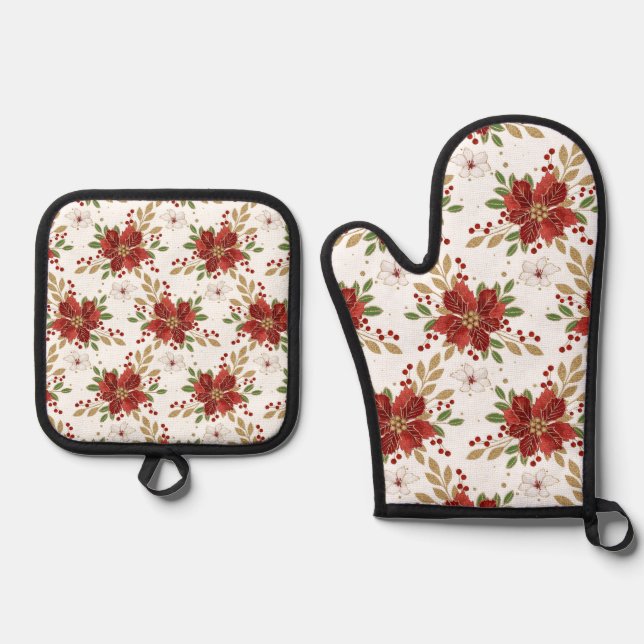 Elegant Winter Poinsettia Floral Pattern Oven Mitt & Pot Holder Set (Front)