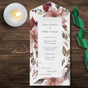 Elegant Winter Poinsettia on White All In One Invitation