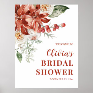 Elegant Winter Red Greenery Bridal Shower Welcome Poster