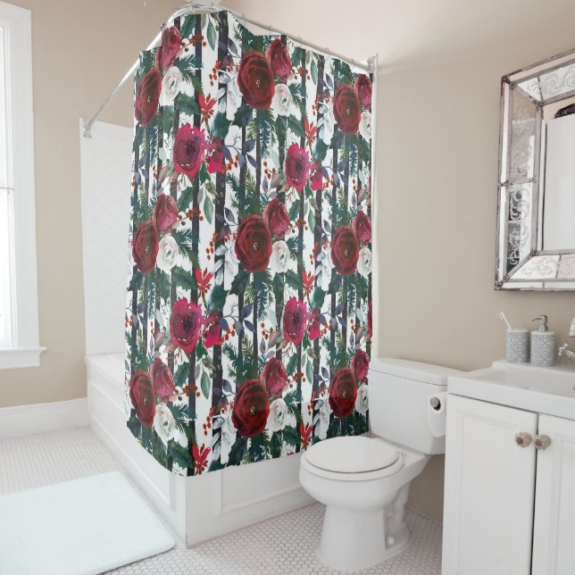Elegant Winter Red Rose Black Vertical Stripe Shower Curtain (In Situ)