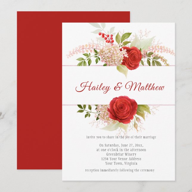 Elegant Winter Red Roses and Greenery Frame | Invitation (Front/Back)