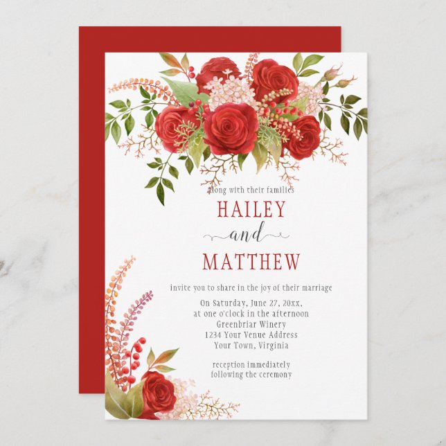 Elegant Winter Red Roses and Greenery Wedding | Invitation (Front/Back)