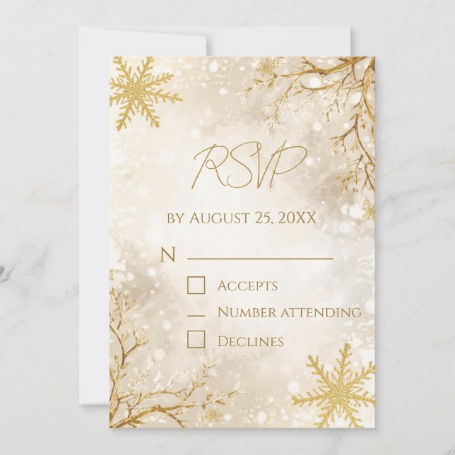 Elegant Winter RSVP Card | Ivory & Gold Snowflake (Front)