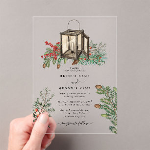 Elegant Winter Rustic Pine Trees Lantern Wedding Acrylic Invitations