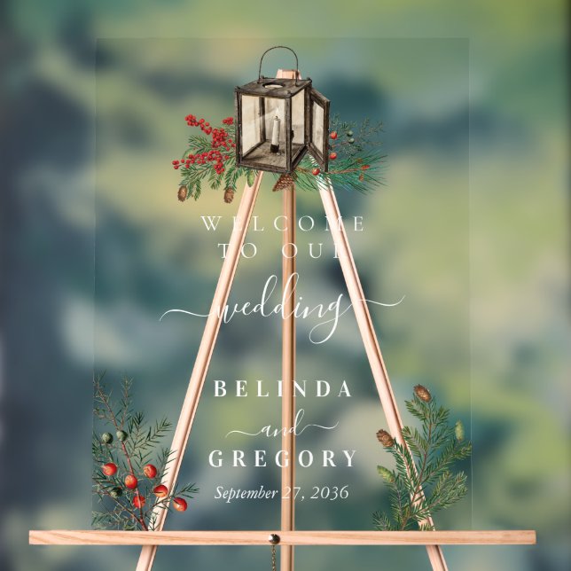 Elegant Winter Rustic Pine Trees Lantern Wedding Acrylic Sign (Neutral)