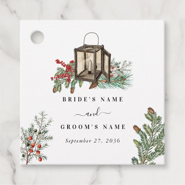 Elegant Winter Rustic Pine Trees Lantern Wedding Favour Tags (Front)