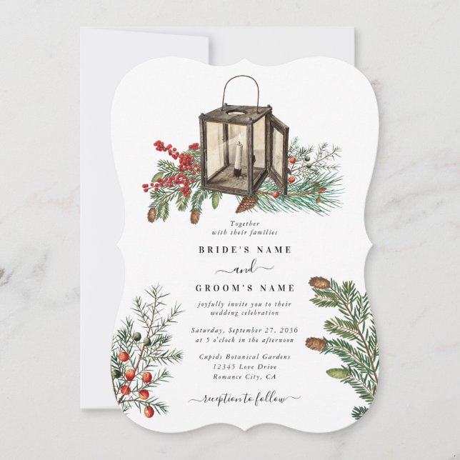 Elegant Winter Rustic Pine Trees Lantern Wedding Invitation (Front)