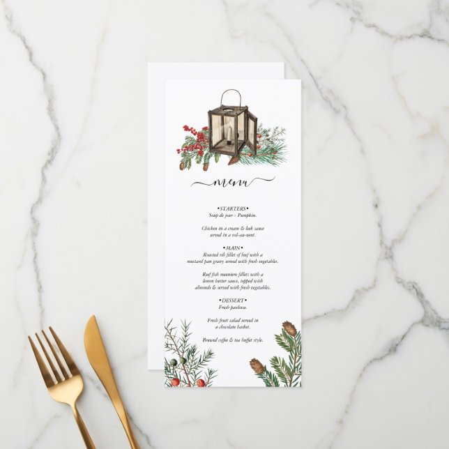 Elegant Winter Rustic Pine Trees Lantern Wedding Menu (Front/Back In Situ)
