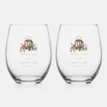 Elegant Winter Rustic Pine Trees Lantern Wedding Stemless Wine Glass<br><div class="desc">A winter themed elegant rustic pine trees and lantern wedding design. A colourful Christmas themed design that incorporates rustic watercolor pine branches, pine cones to create an elegant winter wedding design. An elegant botanical design perfect for anyone who loves pine forest and winter. An elegant winter rustic pine trees themed...</div>