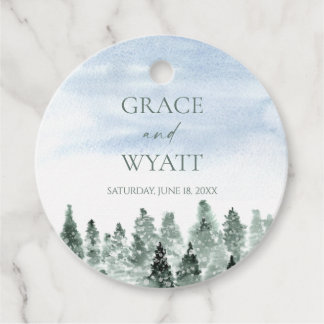 Elegant Winter Snow Green Pine Trees Wedding Favour Tags