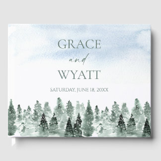 Elegant Winter Snow Green Pine Trees Wedding Guest Book