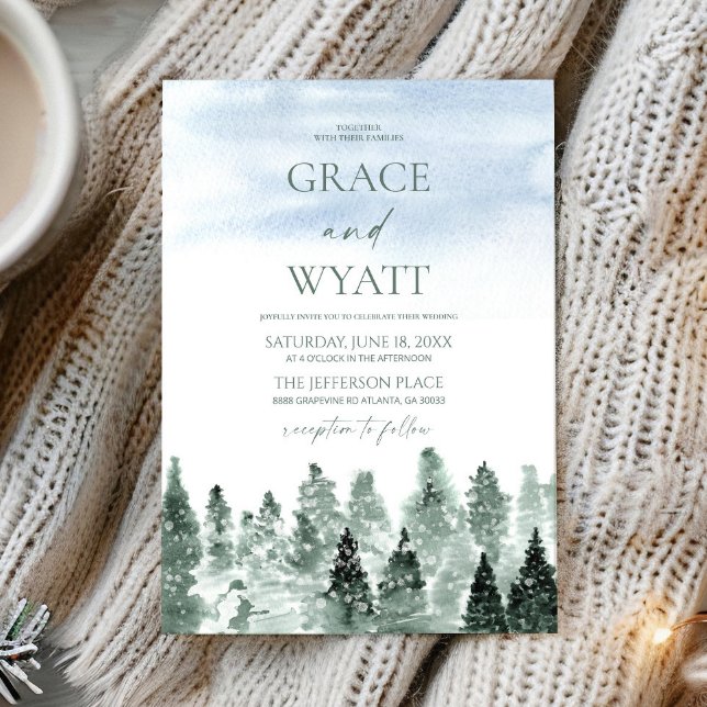 Elegant Winter Snow Green Pine Trees Wedding Invitation (Creator Uploaded)