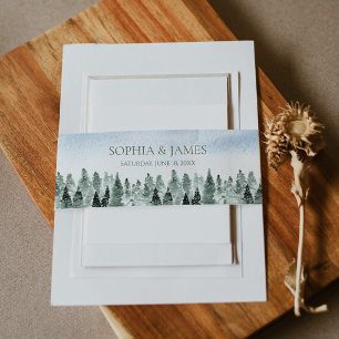 Elegant Winter Snow Green Pine Trees Wedding Invitation Belly Band