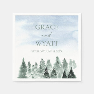 Elegant Winter Snow Green Pine Trees Wedding Napkin