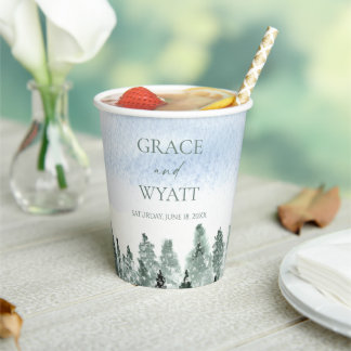 Elegant Winter Snow Green Pine Trees Wedding Paper Cups