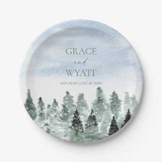 Elegant Winter Snow Green Pine Trees Wedding Paper Plate