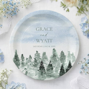 Elegant Winter Snow Green Pine Trees Wedding Paper Plate