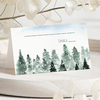 Elegant Winter Snow Green Pine Trees Wedding Place Card
