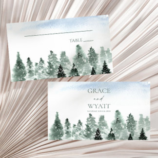 Elegant Winter Snow Green Pine Trees Wedding Place Card