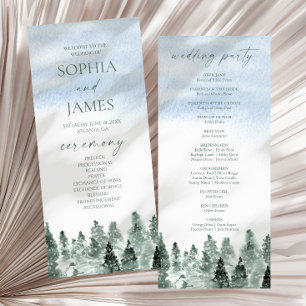 Elegant Winter Snow Green Pine Trees Wedding Programme