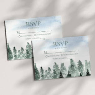 Elegant Winter Snow Green Pine Trees Wedding RSVP Card