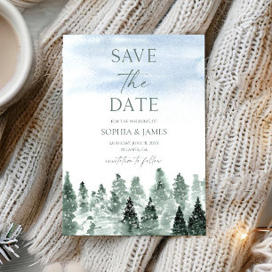 Elegant Winter Snow Green Pine Trees Wedding Save The Date