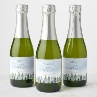 Elegant Winter Snow Green Pine Trees Wedding Sparkling Wine Label