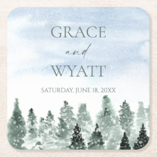 Elegant Winter Snow Green Pine Trees Wedding Square Paper Coaster