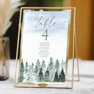 Elegant Winter Snow Green Pine Trees Wedding Table Number