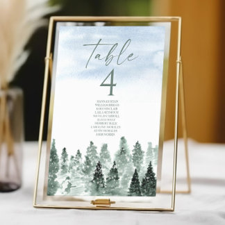 Elegant Winter Snow Green Pine Trees Wedding Table Number