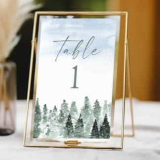 Elegant Winter Snow Green Pine Trees Wedding Table Number