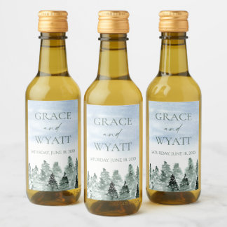 Elegant Winter Snow Green Pine Trees Wedding Wine Label