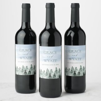 Elegant Winter Snow Green Pine Trees Wedding Wine Label