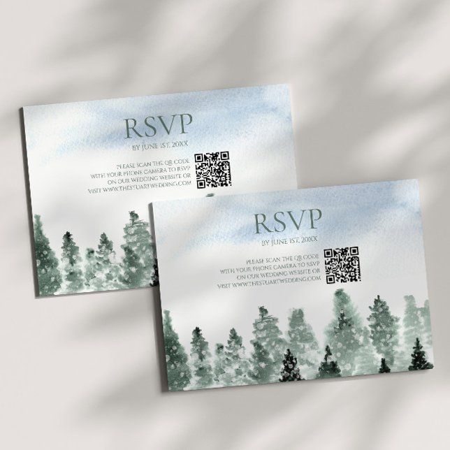Elegant Winter Snow Pine Trees Wedding QR Code RSVP Card (Creator Uploaded)