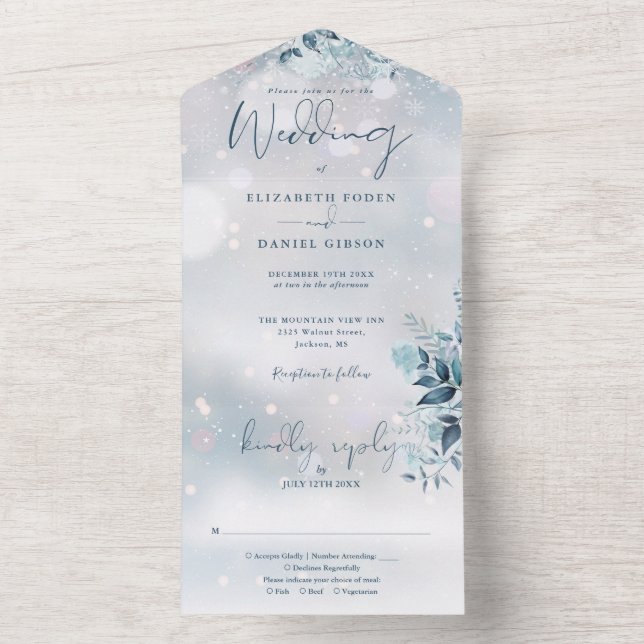 Elegant Winter Snowflake Floral Wedding All In One Invitation (Inside)