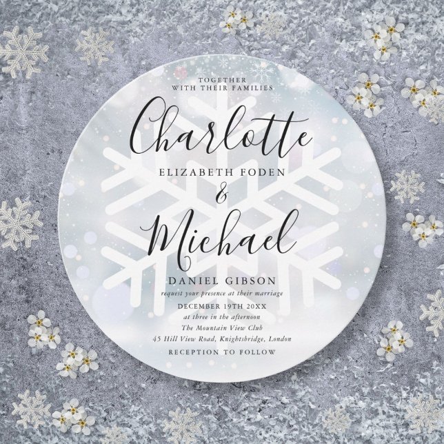Elegant Winter Snowflakes Circular Wedding Invitation (Elegant Winter Snowflakes Circular Wedding Invitation)