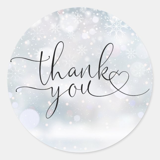 Elegant Winter Snowflakes Heart Script Thank You Classic Round Sticker (Front)